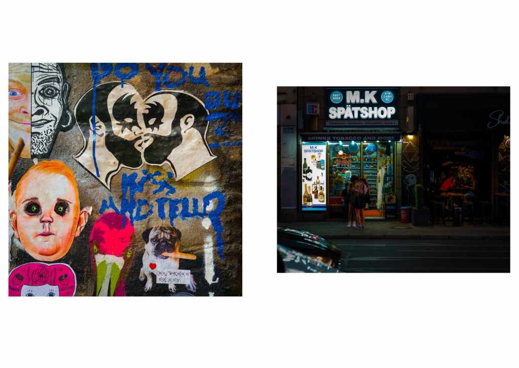 There are two photographs. One of Graffiti that includes two bearded men kissing, a dog with a cigar and a spooky looking child. The other shows a street scene at night with a small queue of young people outside a bottle shop called M.K. Spatshop. In the second picture it is possible to make out a couple dining at an open fronted small restaurant.