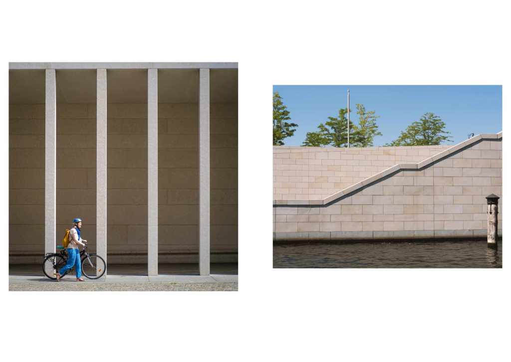 The first picture shows a women pushing a bicycle in front of a grand building with linear columns. The building is off white, and so is the woman's jacket. The second picture is taken from the river and shows a wall and staircase from a jetty. The dominant colour is a similar cream to the picture on the left.
