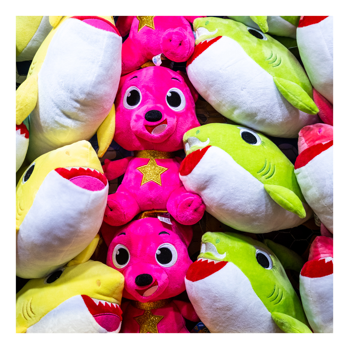 A close up image of soft toys inside a claw machine. There are green and white sharks and pink teddy bears with a star on their stomachs. The toys are stacked together neatly in columns.